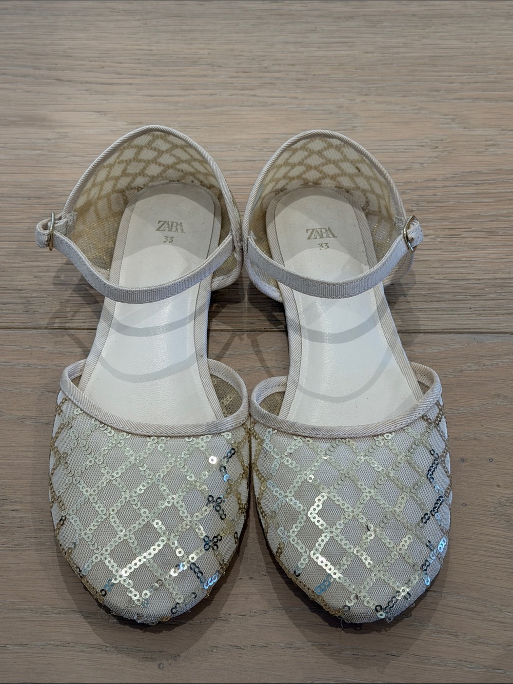 Zara Kids Cream Sequin Ankle-Strap Flats with Gold Lattice